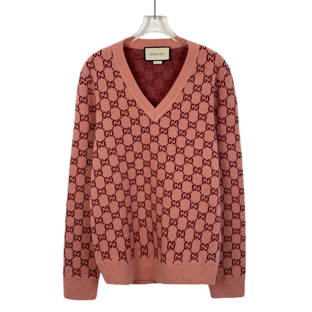 Gucci Pink GG Logo Wool-Cashmere V-Neck Sweater Womens S